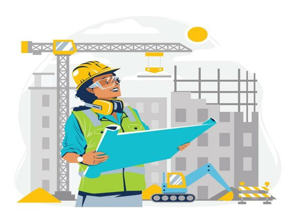 An illustration of a woman engineer holding a paper scroll.