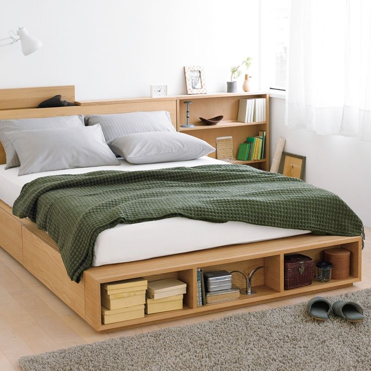 A picture of a bed with storage spaces under it.